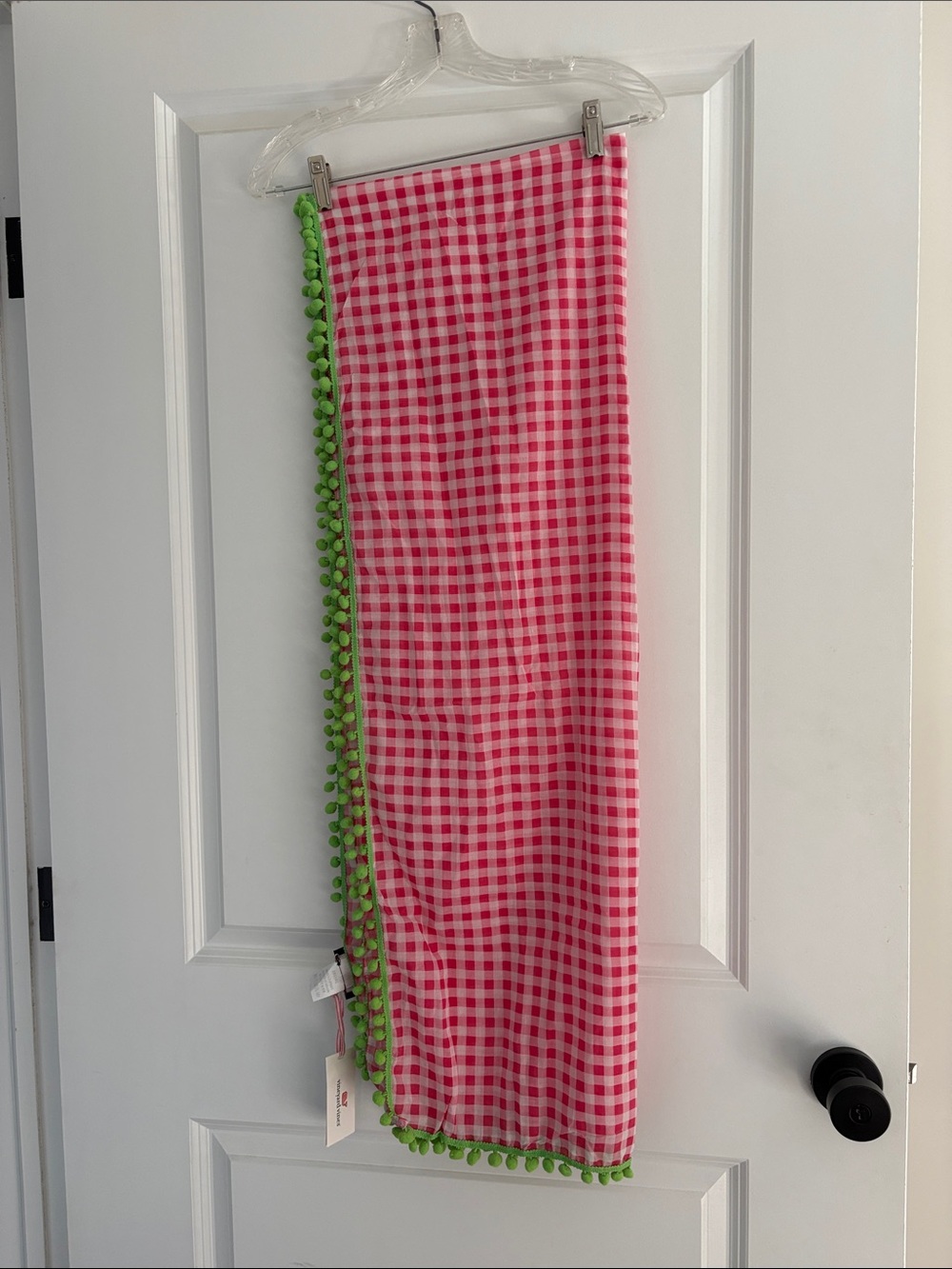 Vineyard Vines Pink Gingham Scarf with Green PonPom Trim BNWT
